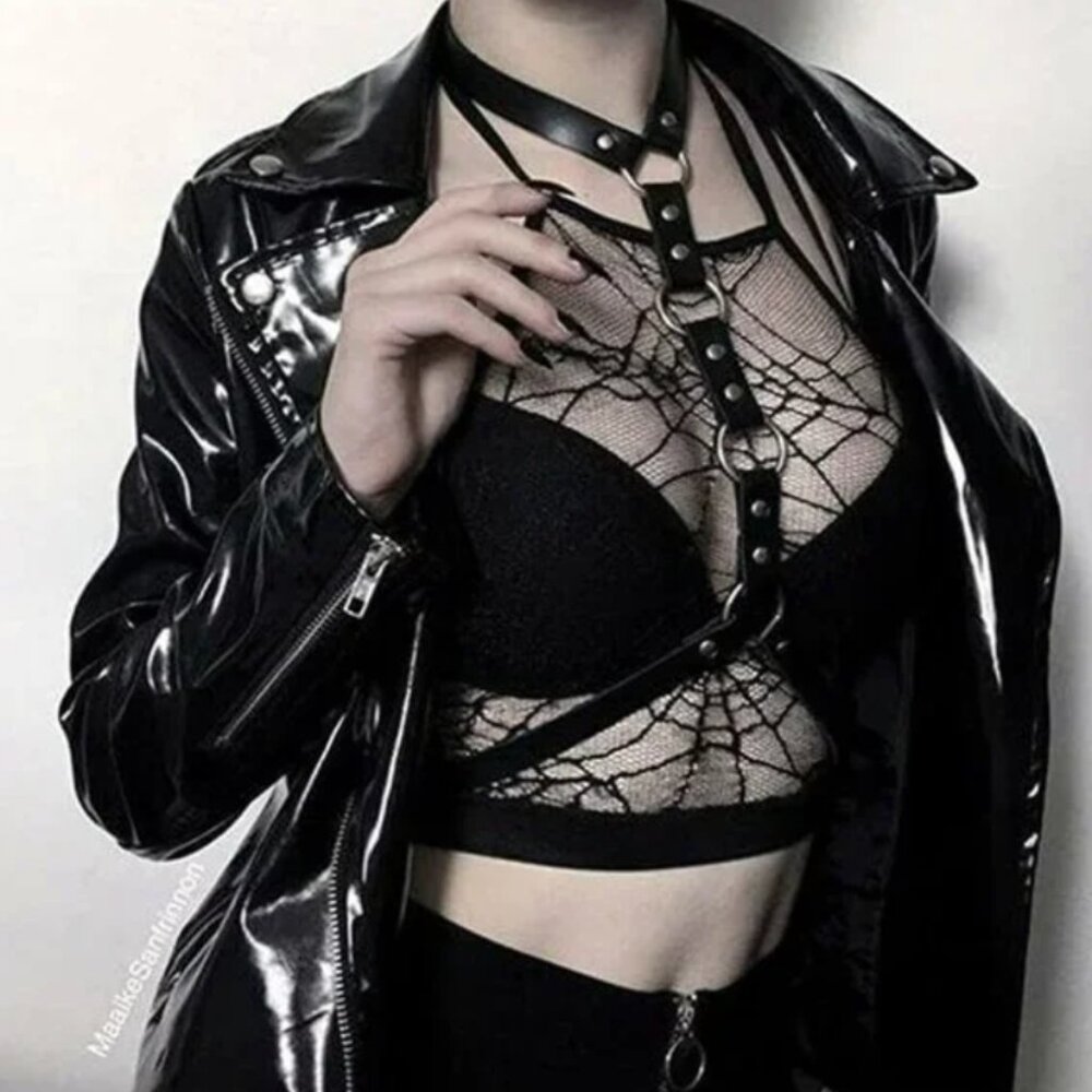 BLACK Leather Waist Shoulder Harness Bra Belt Choker Slave Fetish Bondage NWT
